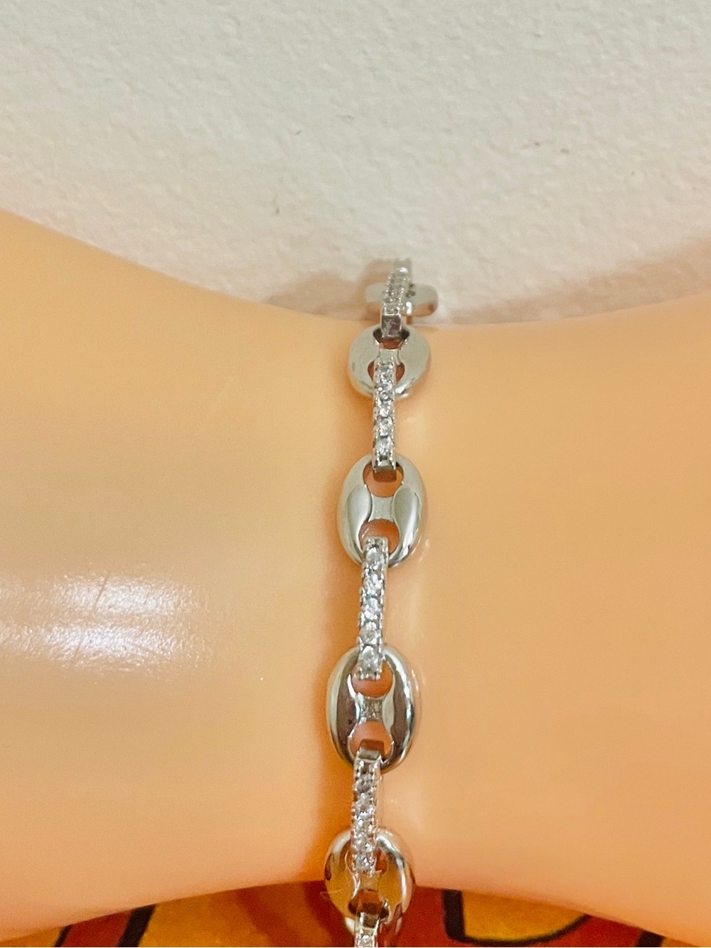 Puff Mariner Link Bracelet Anklet with Pave CZ Accents White Gold Filled NWOT